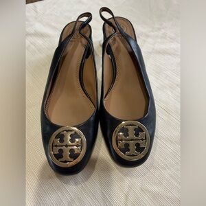 Tory Burch Black Leather Slingback Flats with Gold Logo